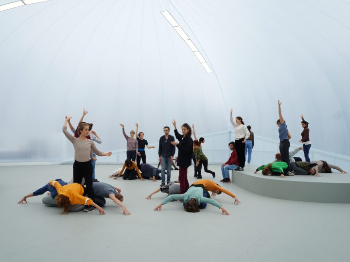 A group of dancers stand in a white gallery space. They are all holding various postures, some are crawling on the floor and some are standing up with their hands raised.