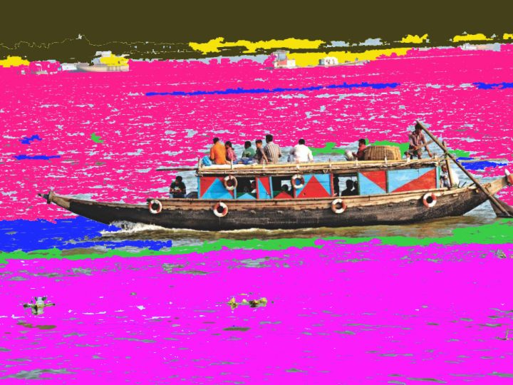 A digital collage image including a long boat filled with people and bright coloured in background in shades of pinks, blues, reds and yellows.